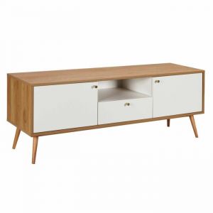 Oviala Meuble TV effet bois clair et blanc 150 cm scandinave
