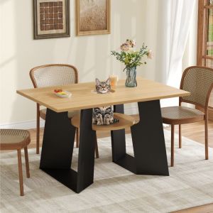 Image de Table à manger 130×85×75 cm - avec trou pour chat - plateau de rangement - pour 6 personnes - noir et naturel