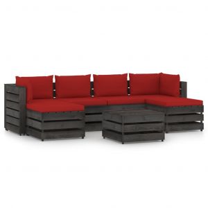 VidaXL Salon de jardin 7 pcs avec coussins Bois imprégné de gris Rouge et gris