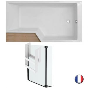 Jacob Delafon Baignoire bain douche 170 X 70/90 - version droite Neo acrylique + Pare bain 2 volets Neo black + Etagère pour pare bain