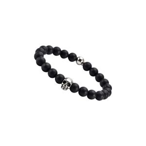 Bracelet Boules Noir Onyx Pierres Naturelles T&ecirc;te De Mort