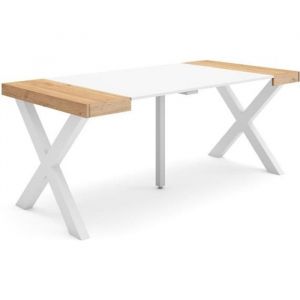 Skraut Home - Table console extensible, 180, Pour 8 personnes, Pieds bois massif, Chêne et blanc, RF2766