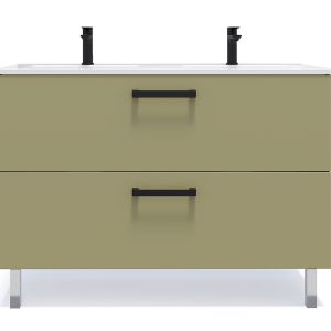 Image de Meuble de salle de bain suspendu avec pieds double vasque intégrée 120cm 2 tiroirs Vert olive - Chelsea - Vert olive