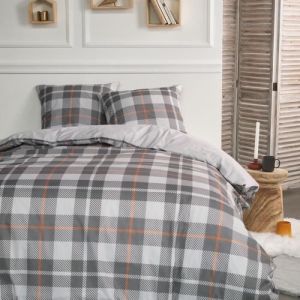 Today Parure de lit double en flanelle de coton imprimé tartan - Gris - 220 x 240 cm