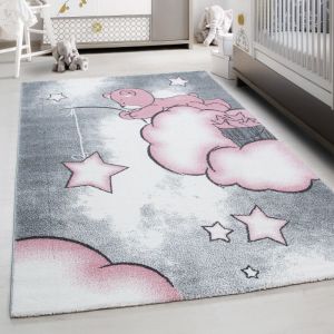 Teppium Tapis de Chambre pour Bébé et Enfant motif ours nuage et étoile couleur rose gris et blanc 120 cm Rond
