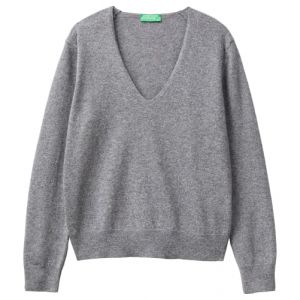 Benetton, Pull Col En V Gris Foncé En Pure Laine Mérinos, size M, Gris Foncé, Femme