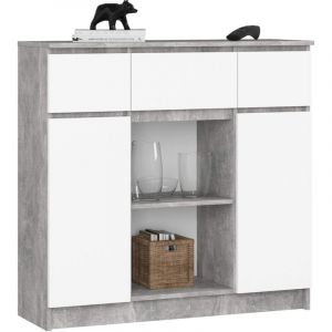 Commode AKORD K100 B&eacute;ton 101 cm 2 portes 3 tiroirs fa&ccedil;ade Blanche 6 &eacute;tag&egrave;res 101x35x98 cm