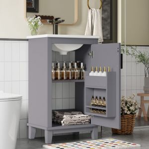 Meuble de salle de bain sur pied avec une vasque en céramique - 1 porte - étagères réglables - 51x34x83cm - Gris(robinet non inclus)