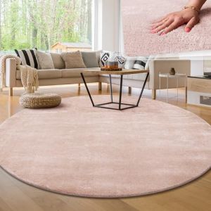 Paco Home Tapis de salon Unicolore Lavable Pile courte et douce Rose, 80 cm rond