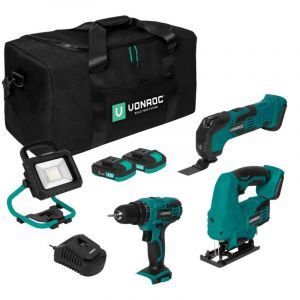 Vonroc Pack outils sans fil VPower 20V Perceuse visseuse, scie sauteuse, outil multifonction, lampe de de travail avec 1 batterie 2 0Ah et