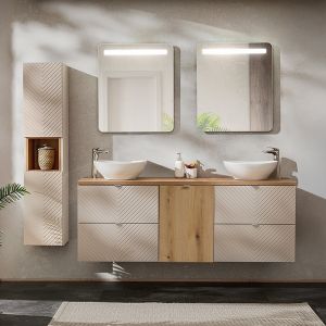 Ensemble meuble double vasque 160cm panier à linge miroirs LED et colonne Manoa Cachemire et bois