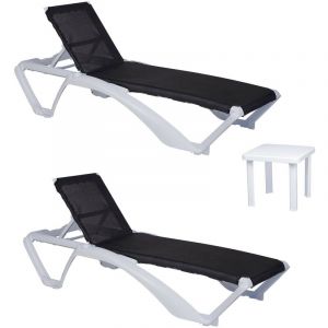 RESOL Set 2 chaises Longues Acqua et 1 Table auxiliaire Andorra | Chaises Longues empilables avec roulettes, Dossier r&eacute;glable | Meubles de Jardin Ext&eacute;rieur | Blanc et Textilene Noir