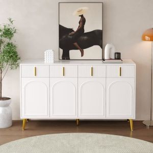 Buffet 140x37.8x82cm - avec 4 portes, 4 tiroirs, poignées et pieds dorés - stratifié amovible - Blanc