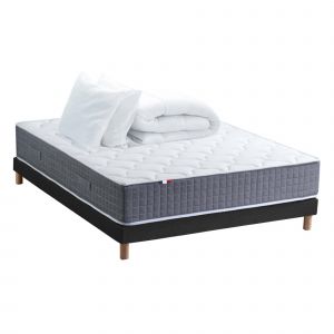 Ensemble Matelas Ressort 7 zones H.30cm + Sommier + couette + oreillers Fabriqué en France MAX 140 x 190 cm, Sommier - Noir