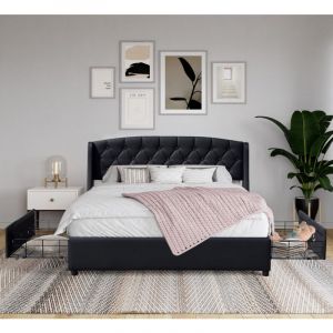 Iris Solide et Confortable Lit 140x190 avec Sommier avec 4 tiroirs+Tete de lit Couleur NOIR r
