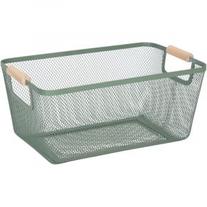 Relaxdays Panier de rangement, poign&eacute;es en bois, rectangulaire, corbeille en m&eacute;tal, HxLxP : env. 16,5x37x22,5 cm, d&eacute;co