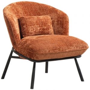 Fauteuil lounge en tissu chenill&eacute; terracotta pi&egrave;tement m&eacute;tal noir - GASBY