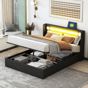 Lit coffre 140x200 cm, lit capitonné avec led, lecteur Bluetooth et chargement usb, lit enfant avec sommier à lattes, en similicuir, noir