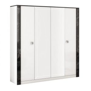 GAIA - Armoire Laquée Blanche 4 Portes avec Miroir et Décor Latéral Aspect Marbre Noir - Altobuy