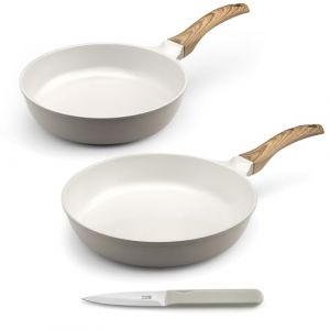 Cuisinox - Mythic - Set cuisson et coutellerie - Pôele 24/28 cm, couteau office - Revêtement en céramique blanche - Poignée Fixe Soft Touch effet bois - Sans PFOA et PFAS
