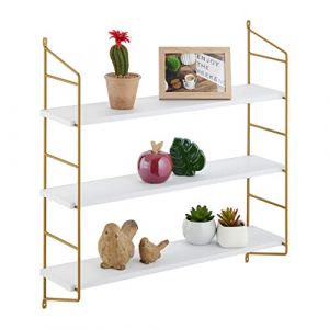 Relaxdays Tagère murale, HxLxP: 60 x 60 x 15 cm, rangement à 3 niveaux, mdf & fer, support salon, blanc - or