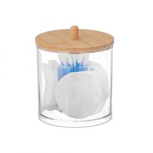 Relaxdays Rangement disques de Coton et Coton-tiges, Plastique, Couvercle en Bambou, Organiseur, Transparent & Nature