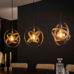M&S Suspension 3 lampes 115x33x150 cm avec anneaux en métal noir