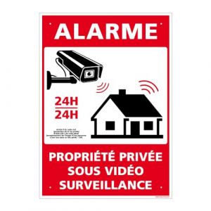Panneau de signalisation prépercé PVC ou ALU rectangulaire + kit de fixation - Alarme, propriété privée sous vidéo surveillance - PVC 1 mm - 210 x