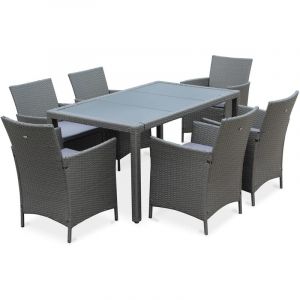 Image de Alice's Garden Salon de jardin Tavola 6 gris en résine tressée, table d'extérieur 150cm avec 6 fauteuils