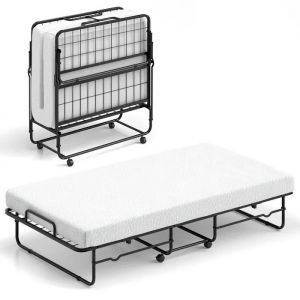 Lit Pliant 190 X 90 Cm Avec Matelas Costway, Lit Simple Avec Mousse &Agrave; M&eacute;moire De Forme, Cadre En M&eacute;tal, Roulettes Verrouillables