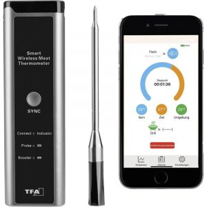 TFA Dostmann Thermomètre à viande sans fil SMART BBQ 70 m, 14.1515.10, thermomètre à gril, pour gril/four/friteuse à air chaud, adapté au lave-vaisselle, thermomètre à rôti, chef de cuisine, noir-gris