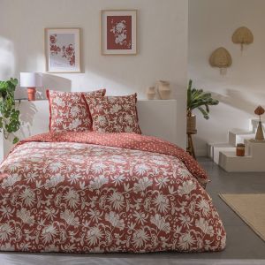 Parure de lit 3 pièces Adulte 2 personnes en coton 57 fils imprimé terracotta Set de Housse de couette 240x220cm +2 Taies d'oreiller 63x63 cm avec