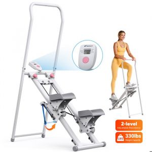 Stepper Escalier Pliable Vertical Merach, 2 Niveaux De R&eacute;sistance, 3 Positions De P&eacute;dales Ajustables, &Eacute;cran Lcd, 136 Kg, Blanc