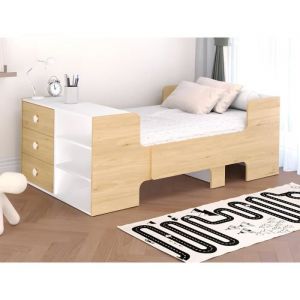 Lit évolutif 90 x 140/170/200 cm avec rangements - Coloris : Naturel et blanc - GAROLIO