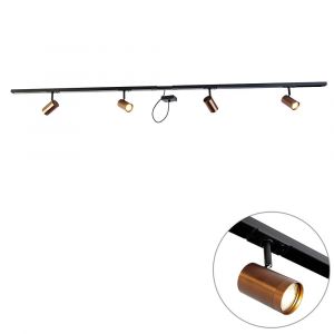 Qazqa Syst&egrave;me sur rail monophas&eacute; bronze fonc&eacute; avec 4 spots et I carr&eacute; d'alimentation - Jeana