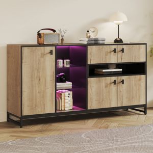 Buffet de rangement 160x40x84,5 cm avec portes doubles, &eacute;tag&egrave;re ouverte et LED, bois naturel et m&eacute;tal noir