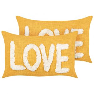 Beliani Lot de 2 Coussins D&eacute;coratifs en Coton 30 x 50 cm Texte Blanc Jaune Love