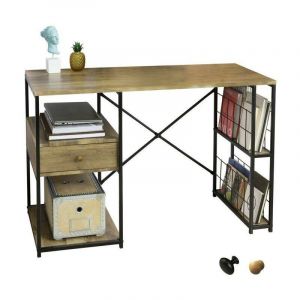 Sobuy FWT61-N Bureau Informatique Table d’étude Plan de Travail avec Tiroir et 4 Étagères pour Bureau, Salon, Cadre en Métal, Style