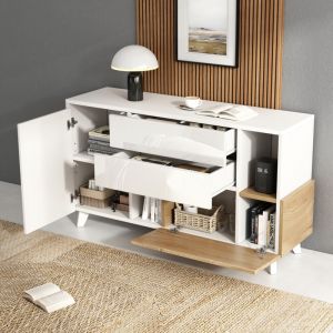 Buffet 130x40x70cm 2 portes 2 tiroirs Panneau de particules Blanc Design scandinave minimaliste