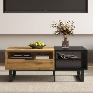 KoDise Table basse de salon - avec compartiments et tiroirs - pieds en métal - 100x50x40 cm - noir et bois