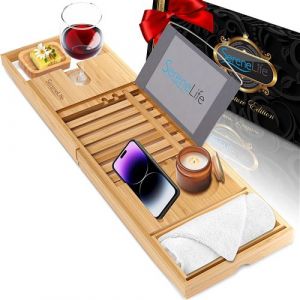 SereneLife Plateau Baignoire en Bambou avec Coffret Cadeau de Luxe et Ruban Rouge - Plateau Salle de Bain Extensible et Ajustable avec Support pour Livre - Planche de Bain
