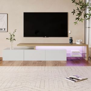 Meuble tv 200x39x42cm, Armoire tv avec &Eacute;clairage led, Espace de Rangement Pratique, &Eacute;tag&egrave;res en Verre, Moderne, Blanc