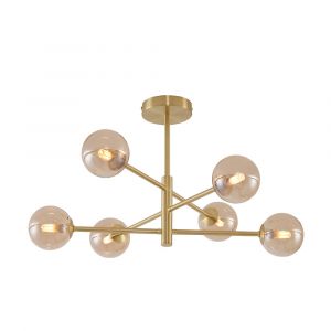 Qazqa Plafonnier moderne laiton avec verre ambré 6 lumières - Ryan