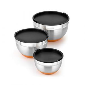 Image de Bra Efficient | Lot de 3 Bols en Acier Inoxydable 12|16|20 cm 0,4 L 18/10, Base en Silicone, Couvercles Inclus, Argent