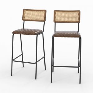 Rendez-vous Déco - Chaise de bar 76 cm en cannage et cuir marron (lot de 2) - arsène