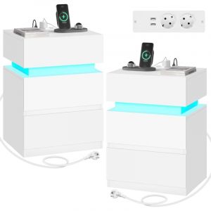Lot de 2 Table de Chevet Woltu Table de Nuit led, avec Station de Charge, 2 Prises, 2 Ports usb, 2 Tiroirs, 1 Casier, Blanc