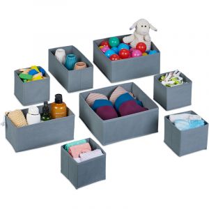 Relaxdays Organiseurs de tiroirs, 8 boîtes de Rangement pour Le Dressing, 3 Tailles, Armoire & tiroirs, Pliables, Gris