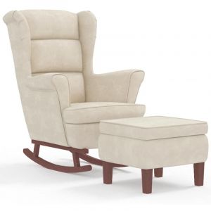 Décoshop26 Fauteuil à bascule d'allaitement rembourré avec repose-pieds pieds en bois et siège velours crème DEC028754