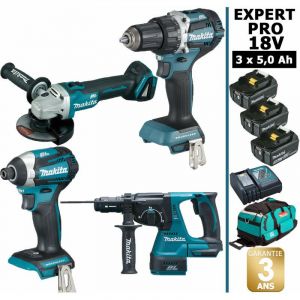 Makita Pack EXPERT PRO BL Motor 18V 4 machines 3 batt 5Ah DDF484 DTD154 DGA506 DHR243 avec sac