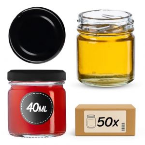 Image de Kadax - Lot de 50 mini bocaux en verre Weck - 40 ml - Avec couvercle à visser - Pour dégustation, confiture, miel - Ronds - Avec couvercle noir